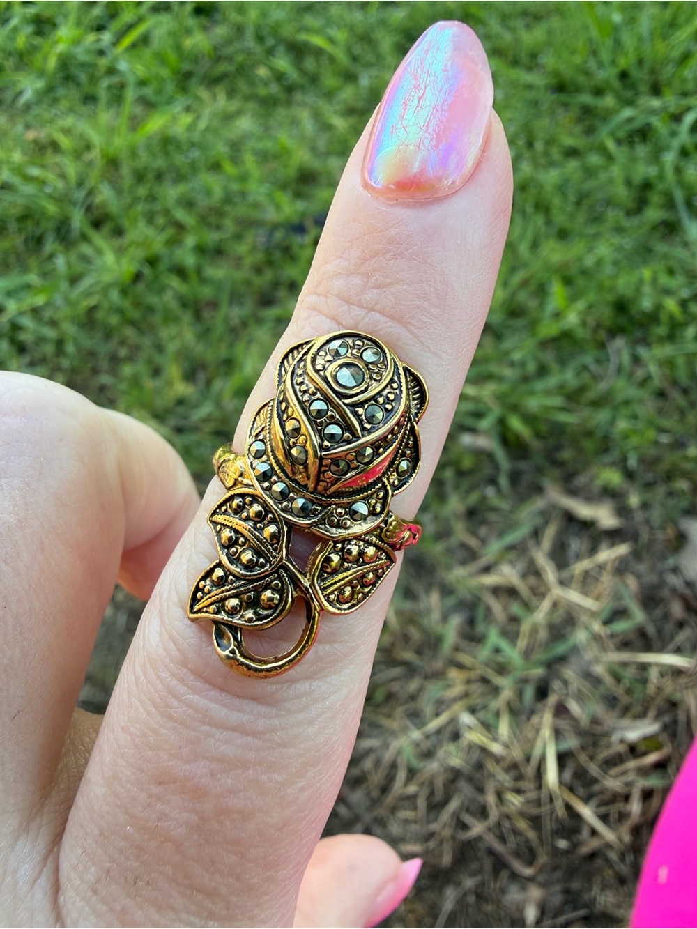 Gold-Tone Marcasite Floral Statement Ring - Women Jewelry